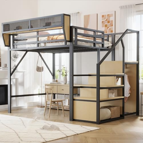 Kebnor Cama alta con escalera de seguridad y compartimento de almacenamiento flexible, cama de metal, cama para adultos, litera infantil, color negro, 140 x 200 cm