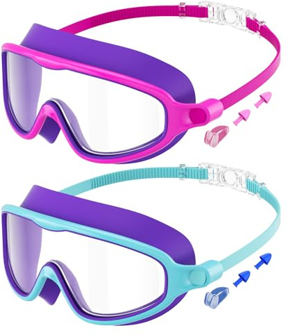 2 Pack Kids Swimming Goggles Wide Vision Swim Goggles with Ear Plugs Nose Clip Anti Fog UV Protection No Leakage Clear Vision for Children Early Teens 3 to 15 Years Old Child (RedPurple & GreenPurple)