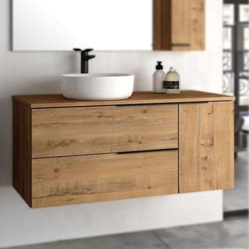 THE BATH POINT Mueble de Baño Suspendido sin Lavabo - Mueble de Baño 120 cm con 2 Cajones y Puerta Lateral - Acabado en Roble con Veta Natural - Montaje en Pared - Black Capri Top