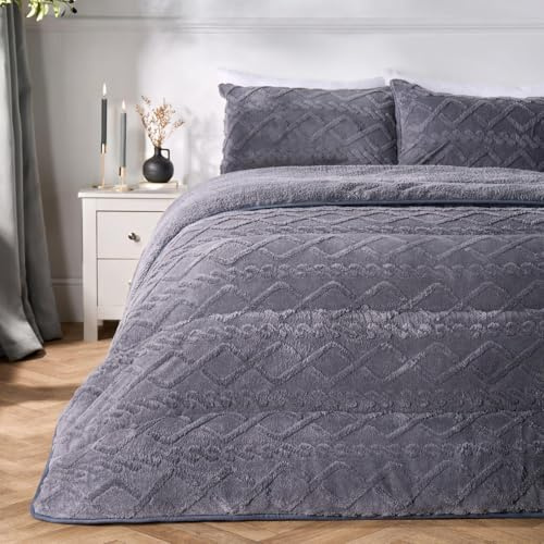OHS 10.5 Tog Coverless Duvet, Soft Warm Teddy Fleece Cable Knit Design Autumn Winter Coverless Duvet Single Comfy Cosy Washable Quilted Single Duvets with Pillowcase, Grey