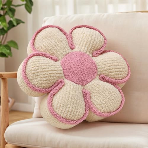 Aryan Beige Flower Throw Pillow, Floor Cushion Seat Cushions 16In Cute Decorative Pillows Daisy Cushion for Sofa Couch Chair Bed Teen Girls Room Bedroom Decor Aesthetic (Beige)