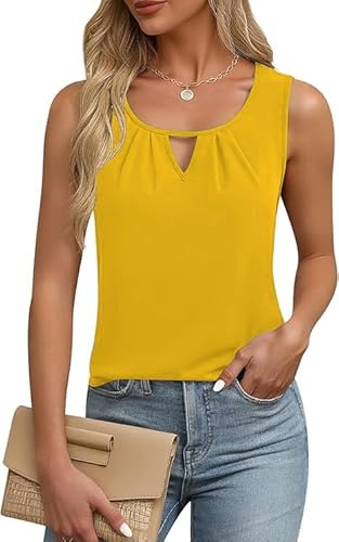 YGJIEGENG Vest Top for Women UK Summer Sleeveless Tops Blouses Business Casual Chiffon Tank Tops Loose Blouses,Yellow,XL