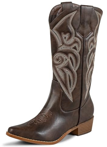 J's.o.l.e Ladies Cowboy Boots for Women Cowgirl Western Boots Classic Embroidery Stitched Chunky Heel Mid Calf Shoes
