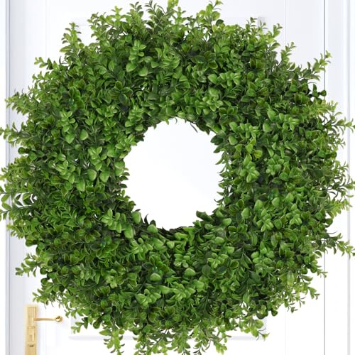 JDKPK 26 Inch Large Boxwoods Wreaths for Front Door Artificial Green Leaves Greenery Indoor Outdoor Wreath Home Decor Porch Window Wall Farmhouse Door Decorations Spring Summer Fall All Seasons