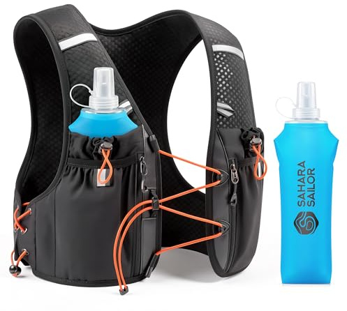 Gilet de Course Sahara Sailor pour Femmes et Hommes, avec Deux gourdes Souples de 500 ML, Ajustement Poitrine-Taille réglable, Multiples Poches, Sac à Dos d'hydratation léger 69–94 cm