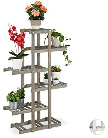Relaxdays Blumenregal Holz, Blumentreppe 5-stufig, Pflanzenregal Innen, Pflanzentreppe Shabby, HxBxT: 125x81x25 cm, Grau