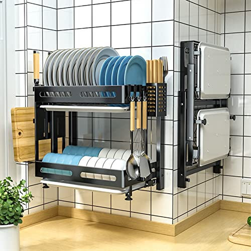 Égouttoir Vaisselle Pliable 2/3 Niveaux Égouttoir À Vaisselle Mural en Acier Inoxydable pour Cuisine Support à Vaisselle avec Égouttoir Amovible, Porte-Couverts, Porte-Planche à Découper,Noir