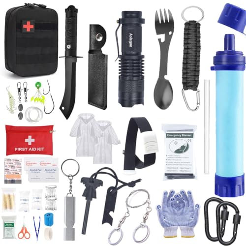 Aolegoo Kit de Survie d'urgence avec Trousse de Premiers Soins, Filtre à Eau de Survie, pour Camping Randonnée Pêche et Chasse