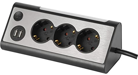 maxTrack Tischsteckdose NV70-1,5L 3-Fach Eck-Mehrfachsteckdose 2X USB-Ladeanschlüsse und LED-Beleuchtung, Mehrfachsteckdose für Zuhause mit Knopf zum EIN-Ausschalten der LED-Beleuchtung, 1,5m Kabel