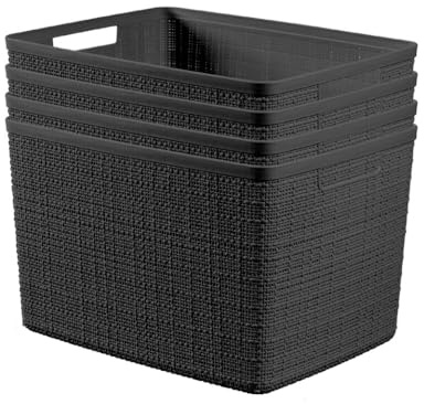 Curver Set of 4 Large 20L Jute Decorative Plastic Organization and Storage Baskets - Perfect Bins for Home Office, Closet Shelves, Kitchen Pantry and All Bedroom Essentials, Black