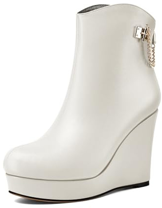 Castamere Donna Alto High Zeppa Piattaforma Tacco Heel Rotonda Punta Stivaletti Cerniera Catena Metallo Slip-on Dress 10 CM Heels Bianco 35 EU