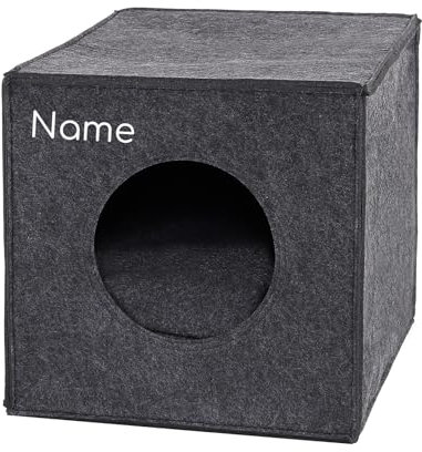 lionto Katzenhöhle aus stabilem Filz passend für Kallax Regale & andere Regalsysteme, 33x37x33 cm, Katzenbett faltbar in Würfelform, mit gemütlichem Liegekissen, dunkelgrau (Namensaufdruck)