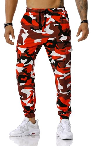 MakingDa Kamouflage träningsoverall byxor män kamouflage joggingbyxor cargo joggingbyxor flera fickor stridsbyxor, Röd, 46