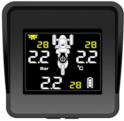 Yheonver Système de surveillance de la pression des pneus solaire sans fil pour moto TPMS - Affichage LCD - 3 capteurs externes
