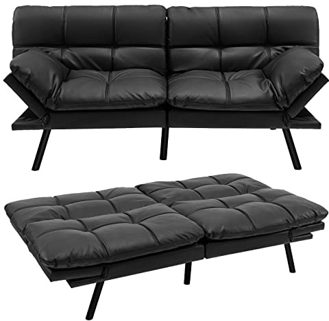 GOPLUS Couch Schlafsofa, Klappsofa mit Schlaffunktion, 2 Sitzer Sofa mit Verstellbarer Armlehnen, Rückenlehne neigbar 105°/145°/180°, Liegefläche 182 x 106,5 cm, Sofabett für Wohnzimmer (Schwarz)