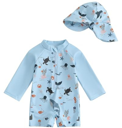 WYTbaby Costume da bagno intero per neonati, a maniche lunghe, con cappello da sole, protezione dai raggi UV, Blu, 2-3 anni