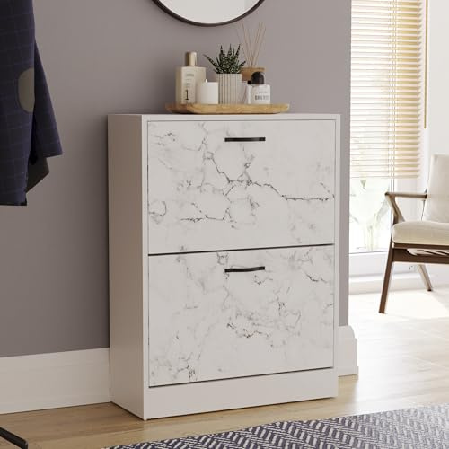 Vida Designs Shoe Cabinet, Wooden Shoe Storage Unit with 2 Pull-Down Drawers, Multifunctional Dust-Proof Space-Saving Slim Design Cupboard for Hallway or Entryway (White Marble)