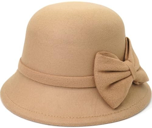 YeeHeen Chapeau cloche en feutre vintage Fedora pour femme, beige, Taille unique