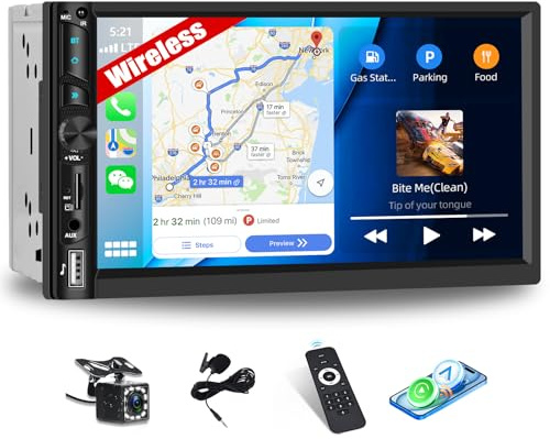 Wireless CarPlay Android Auto Double Din Car Stereo with 7 Inch 1024x600 HD Touch Screen Bluetooth FM Car Radio 2 Din Car Video with Reverse Camera, Mirror Link, EQ, USB/AUX/TF SWC Remote Control