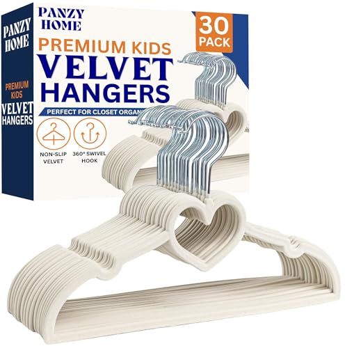 Panzy Home 30 Pack Kids Velvet Hangers – Premium Non-Slip Baby & Toddler Clothes Hangers with 360° Swivel Hook – Ultra-Slim Space Saving Nursery Closet Wardrobe Organiser for Children, Heart Cream