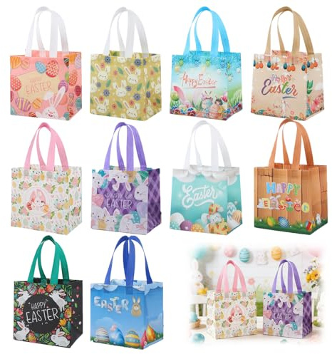 Cestini Pasquali, 10 pezzi, borsa regalo in non tessuto con manici, 21 x 15 x 20 cm, resistente, impermeabile, per Pasqua, decorazione, shopping, riutilizzabile