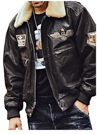 MERCH ATTIRE Giacca in pelle da uomo, stile aviatore e pilota, bomber G-1, classica, con toppe dell'Aeronautica Militare, Nero - Vera Pelle, XL