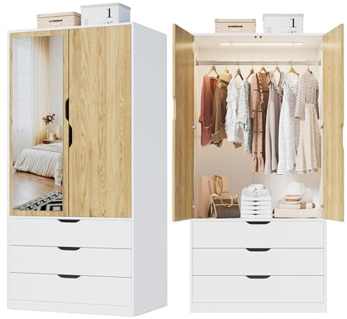 Kleiderschrank Weiß, Garderobenschrank 2-türiger mit Spiegel | Beleuchtung mit Bewegungsmelder | 3 Schubladen, Moderner Wardrobe Schrank für Schlafzimmer, Kinderzimmer, Flur | 80 x 180 x 50 cm (B/H/T)