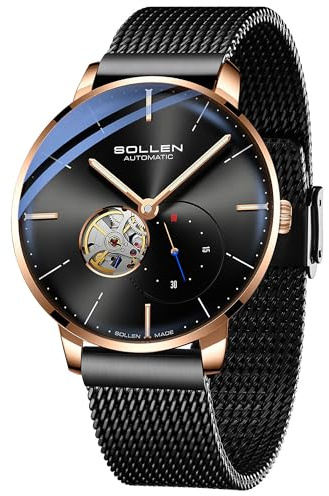 SOLLEN Automatikuhren Herren mit Skelettzifferblatt,Automatische Herrenuhren,Originales Mechanisches Uhrwerk,Leuchtend Selbstaufzug Herrenuhr mit Sekundenzeiger,Armbanduhren als Geschenk für Männer