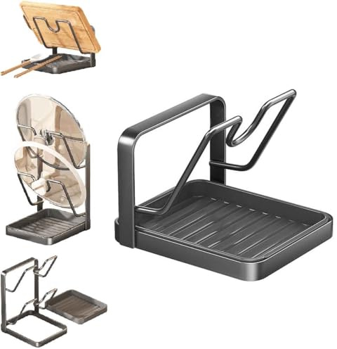 Generico Organizer Per Coperchio Pentola Con Poggiamestolo,Accessorio Da Cucina Con Vassoio Antigoccia,Poggiamestolo Con Design Resistente,Supporto Per Coperchio Per Piano Cottura,Bancone (Grigio 1)