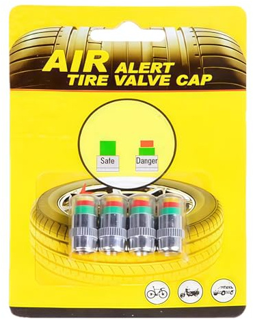Tyre Pressure Monitor Valve Caps - 4 Pack with Colour-Coded Indicator (Green/Amber/Red), Universal Fit for Cars, SUVs & Motorcycles | Quick Visual Air Pressure Check, Maintenance & Safety Access