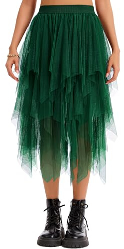 Lovasy Jupe Tulle Femme Mi Longue Jupe Tutu Asymétrique A-Line Taille Haute Élastique Robe Tutu pour Carnaval Halloween Daily Prom Party | Irrégulière, longueur genou, jupe de fête cosplay