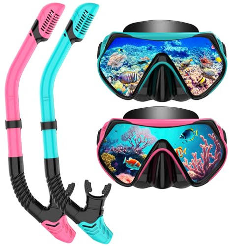 Snorkeling Gear for Adults, Dry-Top Snorkel Set Scuba Diving mask, 180°Panoramic Wide View Professional Snorkeling Gear Breathing Freely Snorkel Mask (Pink+Green)