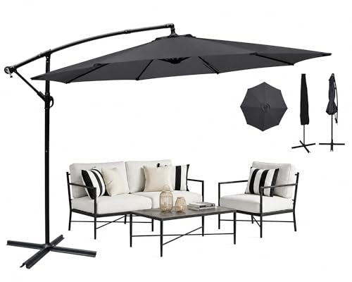 YU YUSING Parasol Déporté Inclinable 3x3M avec Manivelle, Pied et Housse, Anti-UV UPF50+, Grand Parasol de Jardin Balcon Terrasse Patio, Inclinable, Imperméable, 8 Armatures Ultra-Résistantes, Gris