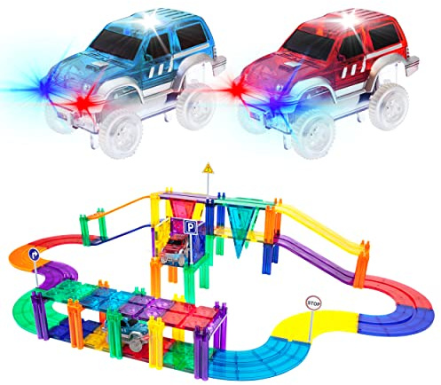 PicassoTiles 50 Piece Race Car Track Building Block Educational Toy Set Magnetic Tiles Magnet DIY Playset 2 Light Up Car STEM Learning Construction Kit Hand-Eye Coordination Fine Motor Skill Training