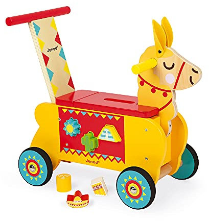 Janod - Wooden Llama Ride-On for Children - Silent Wheels - Storage Compartment and 6 Blocks Included - Learning Balance - For children from the Age of 1, J08004, Yellow and Red