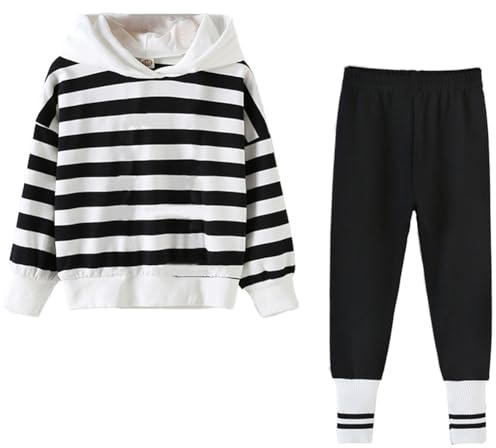 amropi Ragazze A Righe Cappuccio Camicia e Jogging Pantaloni 2 Pezzi Outfits Abbigliamento Set (Nero-Bianco,8-10 Anni)
