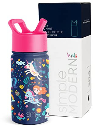Simple Modern Botella Agua Niños con Pajita | Botella Térmica Acero Inoxidable Aislado Reutilizable para Niños y Niñas | Summit | 415ml | Unicorn Rainbows