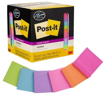 Super Sticky Notes, 3 in. x 3 in., Assorted Bright Colors, 45 Sheets/Pad, 15 Pads/Pack