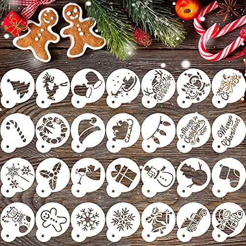 Chinco 30 Pieces Reusable Christmas Cookie Stencil Cake Templates Christmas Coffee Stencils Pet Plastic Cake Baking Painting Mould Tools for Airbrush Painting Dessert Coffee Cookies Decoration