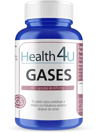 Health4U H4U Gases - 60 Cápsulas de 470mg - Ayuda a Reducir el Hinchazón y el Malestar - Complemento Alimenticio Elaborado a Base de Carbón Vegetal Activado