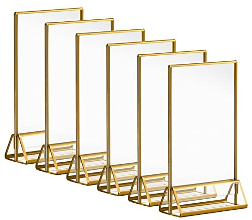 AMEITECH Espositore da Tavolo 10x15cm,4x6'' Cornici di Immagini Trasparenti con Bordi Dorati e Supporto Verticale, Menu Tavolo a Doppia Facciate per i Numeri da Tavola del Matrimonio,Confezione da 6