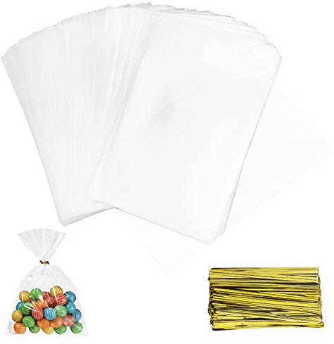 Firschoie 200 PCS Sachets Transparents Bonbons, sac carré transparent, Sac de Bonbons en Plastique Biscuit Cadeau Mariage, pour emballer des biscuits gâteau au chocolat confiserie (10 x 15 cm)