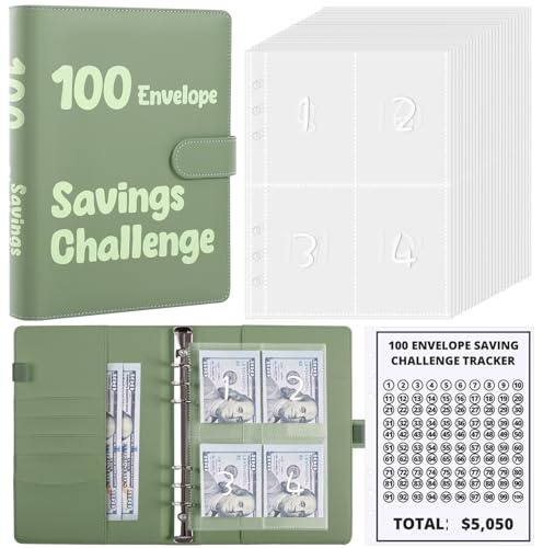 SKYDUE 100 Envelopes Money Savin Challenge Binder, A5 Money Saving Budget Binder with Cash Envelopes - Savings Challenges Book to Save $5,050