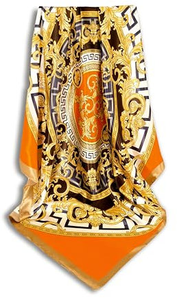 GLORIS Seidenschal Damen 90x90 cm Orange Braun mit Mäanderverzierung Elegante Seidentuch Haare Satintuch Halstuch Tuch Kopftücher Ansatz Haare Seide Bandana Tuch Kopftücher Ansatz