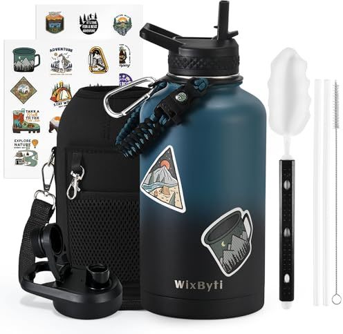 WixByti 64 oz Insulated Water Bottle with Straw (Cold for 48 Hrs), Half Gallon Stainless Steel Triple Wall Vacuum Sports Water Jug, Leakproof Hydro Cup Flask with Straw Spout Lids & DIY Stickers