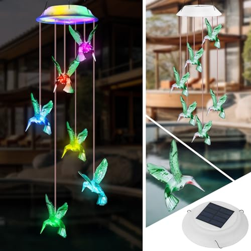 Campanilla Viento Solar, Campanas Viento Luces Solar Cambio Color, Impermeable LED Colibrí Carillón de Vient para Jardín, Carillón Decoración para Exteriores Patio Regalo para Mamá