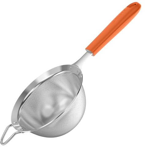 U-Taste Finmaskig Sil Kökssil av 18/8-rostfritt stål (Orange, 12 cm) | Medelstor Metallsil med Nitade, Robust Silikonhandtag för Siktning av Mjöl, Dropp av Te, Ris, Quinoa