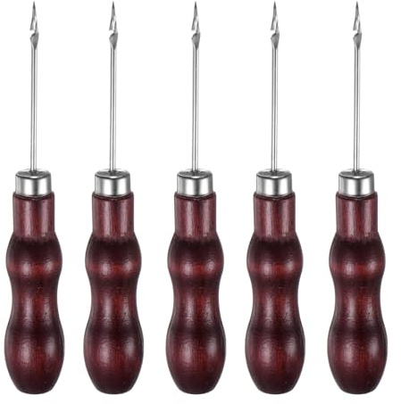 QUARKZMAN 5pz Punteruolo Cucito Lavoro Manuale Doppia Zucca Testa Gancio Punteruolo Pelle Strumento Forare Manico Legno Graffi per Fili Rotti Foratura Cucitura Riparazione Palissandro