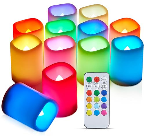 IMAGE RGB & weißes Licht LED-Kerzen 12 PCS batteriebetrieben Flammenlose Votivkerzen 270 Stunden lang flackernde Teelichter mit Fernbedienung Timer für Weihnachten Halloween Dekoration 1,5 x 2 Zoll