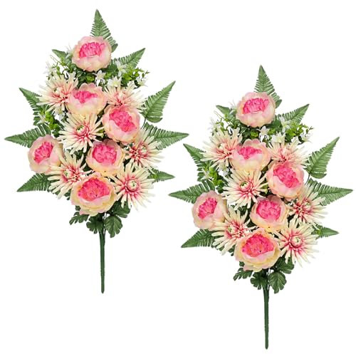 Briful Grave Flowers for Cemetery, 2PCS Sympathy Silk Spring Flowers Bouquet Artificial Mums Peony Funeral Outdoor Flowers Arrangement for Memorial Graveyard Headstones Vase Decor